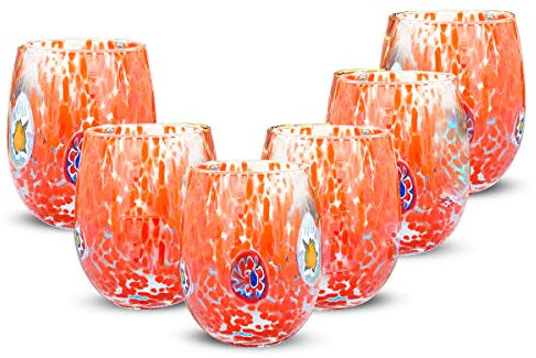 Gocce di Murano Lot de 6 verres à eau travaillés selon la tradition des artisans de Murano, verre soufflé et travaillé à la main, 300 ml - verres à eau, verre arc-en-ciel, pluie