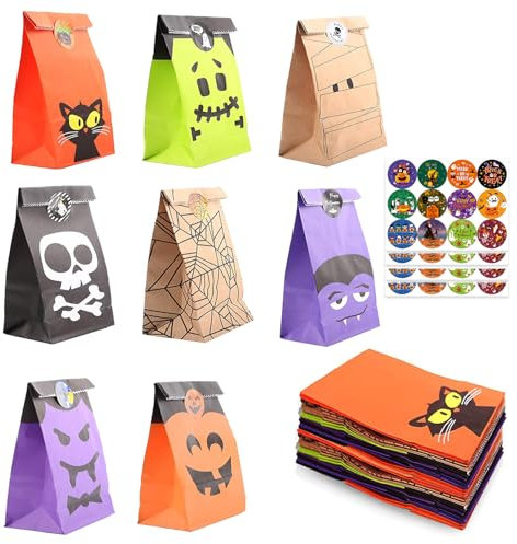 Mizijia Sacchetti di carta di Halloween, 48 pezzi Sacchetti Regalo di Carta Kraft per Caramelle, Feste di compleanno per bambini, omaggi, matrimoni, Halloween Regalo Festa