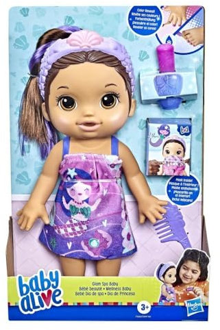Baby Alive Glam Spa Babypuppe, Meerjungfrau, Make-up-Spielzeug für Kinder ab 3 Jahren, Color Reveal Mani-Pedi und Make-up, 32 cm Wasserspielpuppe, braunes Haar