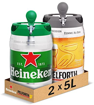 Heineken, Pelforth - Pack de 2 Fûts 5L - Bières Blondes 5° et 5,8° - Compatible Tireuse BeerTender, Utilisable sans Machine à Bière, Bières Pression à Domicile