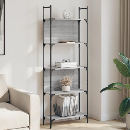 Yisssmeng Bücherregal 5 Böden Grau Sonoma 60,5x24x166,5 cm Holzwerkstoff & Stahl, modernes schmales Regal für Büro Wohnzimmer Schlafzimmer