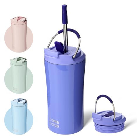 Bottle Bottle Insulated Travel Mug with Straw and Dual-use Lid Thermal Metal Coffee Cup 350ML(12oz) Stainless Steel Coffee Flask Tumbler with Handle Kids Water Bottles(Purple)