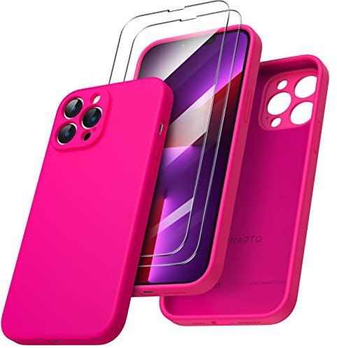 ORNARTO Cover per iPhone 13 Pro Max 6.7 Pollici, con 2 Pellicola Vetro Temperato, Morbido Silicone Liquido, Antiurto - Rosa Caldo