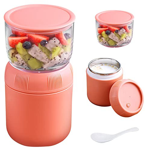 FZQBEY Bol Muesli a Emporter, Pot à Déjeuner 2 Couches Récipients Séparés, Boîtes Alimentaires Isothermes avec Cuillère, Acier Inoxydable, Anti-Fuite et Portable pour Voyage, 430ml + 330ml