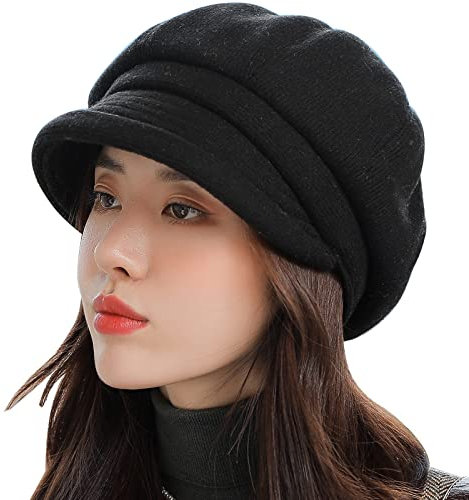 WANYI Beanie Damen Barett Mütze Baskenmütze Dicke Schirmmütze Britischer Retro Stil Mütze Weiche Achteckiger Hut 56-58CM für Frühling Herbst Winter (Schwarz)