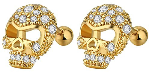 Aroncent 3 Paar Totenkopf Ohrringe Edelstahl Ohrstecker Vintage Ohrhänger Punk Zirkonia Piercing Ohr Schädel Ohrringe Gotik für Damen und Herren, Gold