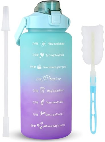 Blaue 1.8 l Wasserflasche mit motivierender Zeitmarkierung, Strohhalm mit Bürste, auslaufsicher, BPA-frei, wiederverwendbar, trinken Sie genug Wasser täglich für Fitness, lila, Farbverlauf)