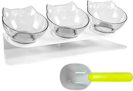 3 in1 Katzennapf 15° Neigbar Fressnäpfe, mit Löffel und Ständer Katzennäpfe, Transparent Anti-Erbrechen Erhöhter Katzenfutter Wasserschleife (Kat Typ-3)