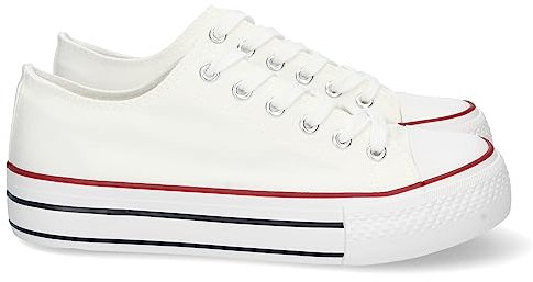 shoes&blues.es 74892-Zapatilla Plana para Mujer, de Doble Suela, Comoda, con Material de Lona, Estilo Bamba Casual, y Cierre de Cordones. Talla 38 Blanco