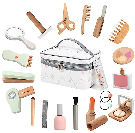 tetewood Wooden Kids Makeup Toy Set, Girls Pretend Cosmetic Bag Toys, Play House Beauty Salon Game, Birthday Gift for 3-9 Years Old Christmas 19pcs