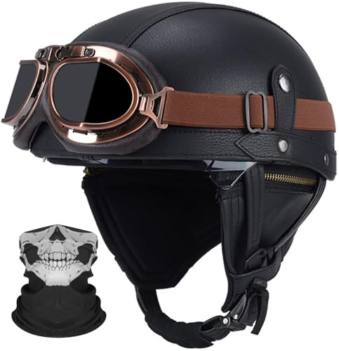 Deutschen Stil Leder Halbschalenhelm Retro Motorrad Halbhelm mit Brille ECE Genehmigt Erwachsene Halbschale Jet-Helm Scooter-Helm für Cruiser Scooter