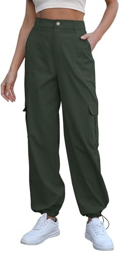 ETOSELL Cargohose für Damen, hohe Taille, mit Taschen, weites Bein, Freizeithose, Y2K, Streetwear, Baggy-Cargohose, entspannte Jogginghose, Grün , M
