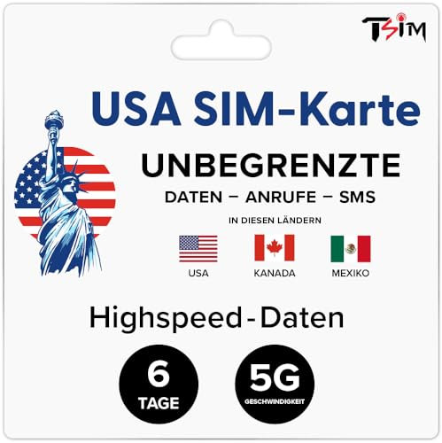 USA Kanada MEXIKO SIM-Karte | 6 Tage | Unbegrenzt Daten/Anrufe/SMS | Prepaid | Tethering/Hotspot/Internetein Sharing | 5G SIM-Karte!