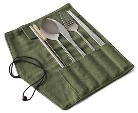 ECO Brotbox | ECO Besteckset Outdoor | Besteck aus Edelstahl | Baumwolltasche (Grün)