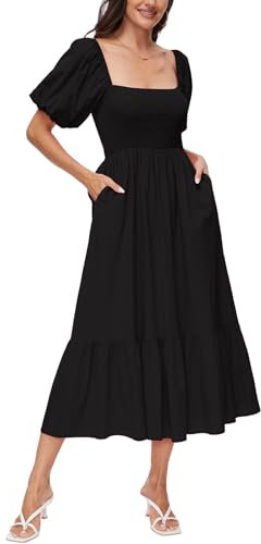 AUBG Kleid mit quadratischem Ausschnitt für Damen, 2024, gesmoktes Midikleid, Baumwolle, schulterfrei, kurze Puffärmel mit Taschen, Schwarz, Mittel