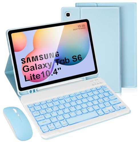 LAMA Custodia con Tastiera Wireless Retroilluminata con Mouse per Galaxy Tab S6 Lite 2020 10.4in (SM-P610/P615), Cover per tablet sottile con Supporto per Penna S Integrato e Tastiera Wireless, Blu