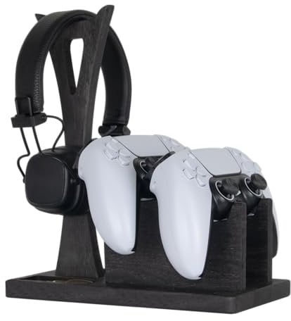Gamer Gift for Men Teenage Boy Wood Controller Organizer with Headphone Holder & Game Controller Stand - Unique Gift Idea for Husband, Boyfriend, Gamers, Game Lover, Gaming Accessory (Black)