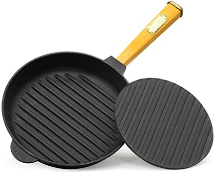 4BIG.fun Ø28cm Grillpfanne Gusseisen mit Pressdeckel Induktion Holzgriff Bratpfanne Pfanne Feuerpfanne