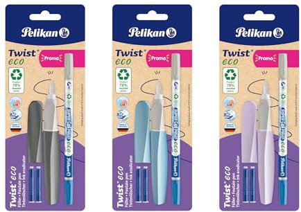 Pelikan Twist eco Füllhalter inkl. 2 Tintenpatronen und Super-Pirat Tintenlöscher, farbig sortiert (keine Farbauswahl möglich!)