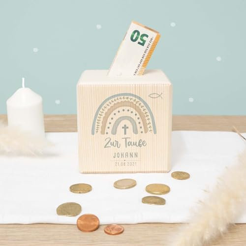Spardose Taufe - Personalisierte Holzspardose - Geschenk zur Taufe, Taufgeschenk für Mädchen & Jungen - Sparschwein - hellomini (Regenbogen Blau)