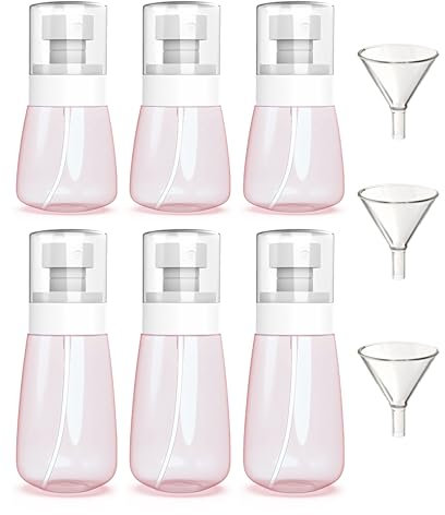 Uadbau 6 Pack Small Spray Bottles - Travel Size 3 Pack 1oz/30ml and 3 Pack 2oz/60ml with 3pcs Funnels, Fine Mist Mini Plastic Refillable Spray Bottles - Pink