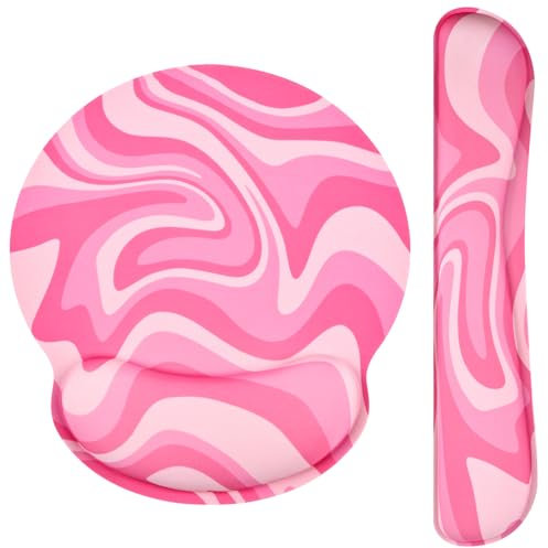 Ksriylm Cute Mouse Pad with Wrist Support Keyboard Wrist Rest Set,Ergonomic Mouse Pad with Non-Slip Base for Office Gaming Working Computers,Easy Typing & Pain Relief Mouse Mat,Pink Water Ripples