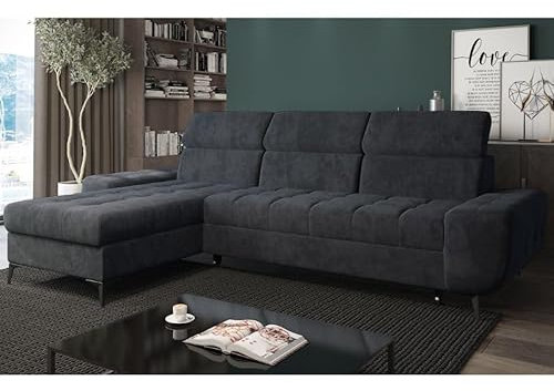 Easy4You Ecksofa Como Dunkelgrau L-Form – 283x101x175 cm - Schlafsofa mit Bettkasten und Schlaffunktion - Eckcouch mit Stauraum und Metallfüße, Verstellbare Kopfstützen – Stoff Monolith 92