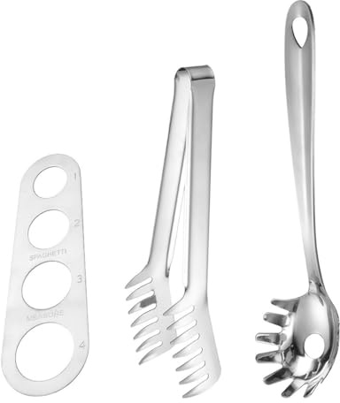 Sarini 3pcs Spaghetti Noodle Tongs Stainless Steel Spaghetti Server Set 1pc Pasta Tongs +1pc Pasta Spoon +1pc Pasta Measuring Tool For Noodle Pasta Serving