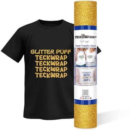 TECKWRAP Glitter Puff HTV 3D Puff Glitter Heat Transfer Vinyl Roll 10 x 5ft for DIY Clothing,T-Shirts,Fabric Gold Puffy Iron on Vinyl Compatible with Heat Press Craft Cutters, Gold