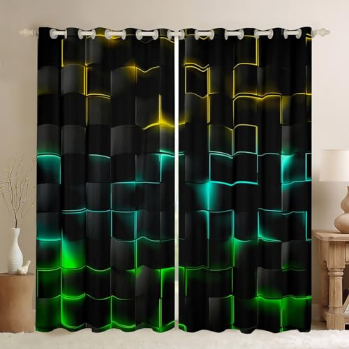 Homemissing Gelb Teal Blau und Grün Fenstervorhang 175x140cm Kinder Licht Geometrisch Blickdichte Vorhänge für Jungs Geometrie Vorhänge Modern Stil Gardinen für Schlafzimmer Wohnzimmer