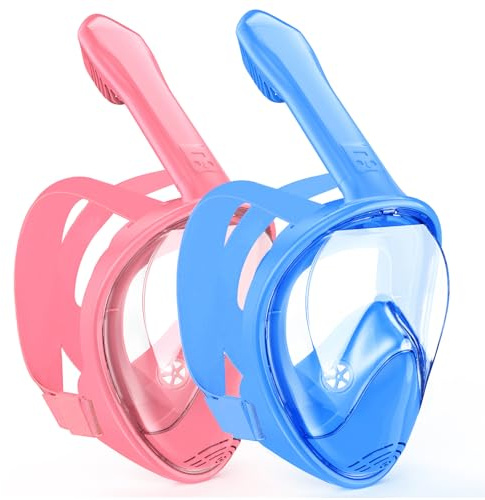 Kids Snorkel Mask Full Face, Snorkeling Gear for Kids 2-14 with Camera Mount, 180 Degree Panoramic View Snorkeling Set Anti-Fog Anti-Leak (Blue+Pink)