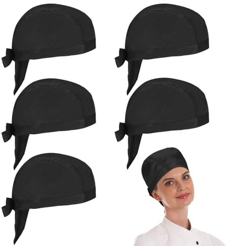 YUWJOOWEE 5 Stück Schwarz Kochmütze Bandana - Koch Kopfbedeckung Küchenmütze Verstellbar Kochmütze Piratenmütze Aus Baumwolle Poly Kopfbedeckung Für Unisex Kochen