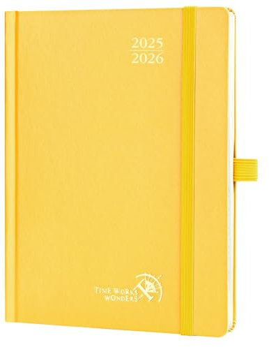POPRUN Kalender 2025 2026 Buchkalender Hardcover, ca. A5 (22 x 16,5 cm), 17-Monate-Terminplaner (Aug.2025-Dez.2026), Wochenplaner 1 Woche 2 Seite mit Zertifiziertem Papier - Hellgelb