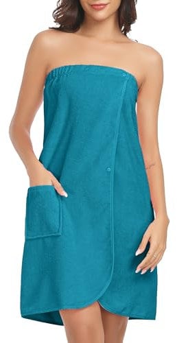 Lovasy Sauna Bademantel Damen Frottee Saunatuch Saunakilt mit Taschen, Druckknopf und Gummizug,Blau Grün,L