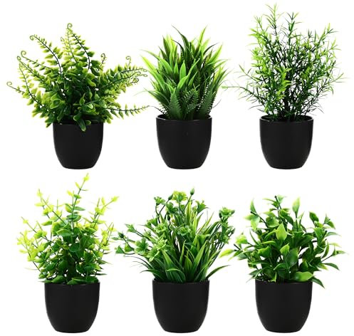 BUCOMTU Lot de 6 Plantes Artificielles Interieur, Mini Plantes Artificielles, Fausses Plantes avec Pots, Plantes en Plastique pour Bureau, Chambre, Salle de Bain, Cuisine et Salon