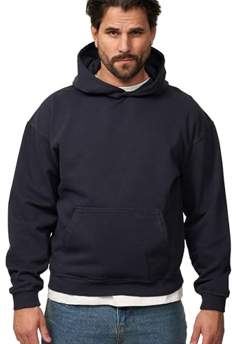 behype. Herren Oversize Hoodie Kapuzenpullover Einfarbig Basic Heavy Blank Pullover Unifarben Kapuzen-Sweatshirt Für Männer BHS_Herren_5003-Navy Washed-XL