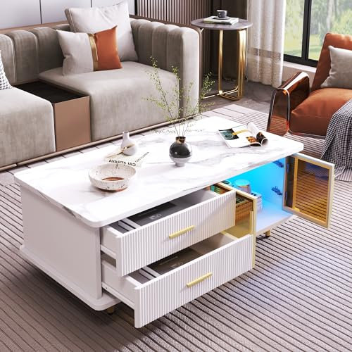 LONELYO Table Basse Moderne avec Portes en Verre Trempé – Meuble Salon avec Tiroirs Ondulés, Poignées et Pieds Dorés, Plateau Effet Marbre – Élégance et Rangement Pratique, 100x50x40cm