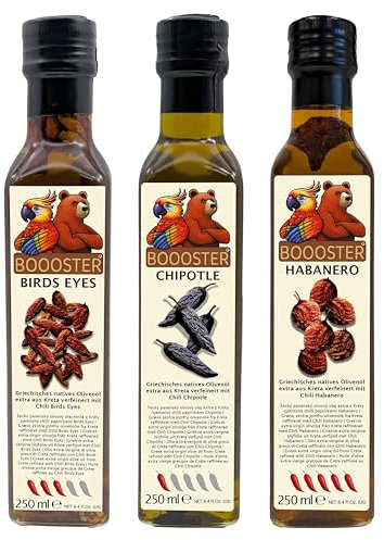 APSU Würz-Öl Probierset Geschenkset 3x 250ml Extra Natives Olivenöl aus Kreta Griechenland mit Bird’s Eye, Habanero und Chipotle Chili-Schoten Premium-Dressing-Öl von BOOOSTER®