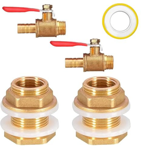 Jiavlyx 4 Piezas Conector De Tanque De Agua De Latón, Latón Racor Deposito, Rosca Exterior 3/4 Rosca Interior 1/2 Conector De Tanque De Agua, con Válvulas De Bola De 2 1/2 + 10 M Cinta De Agua