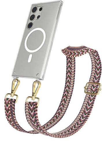 EAZY CASE Handykette - Verstellbares Taschenband kompatibel mit Galaxy S24 Ultra, Schulterriemen, Handykordel mit Silikon Hülle, Qi Charging kompatibel, Umhängetasche, Beere Pink Gold
