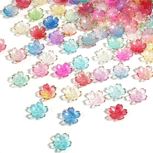 simarro 100 Stück Kirschblüten Acryl Blumenperlen, Gradientenfarbe Blumen-Abstandsperlen Mini-Blumenperlen für Armbänder 5-Blütenblatt Farbverlaufs Perlen für Schmuckherstellung Basteln