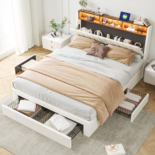 SHAODENG LED Bett 140x200 mit Stauraum, Polsterbett mit USB Ladefunktion, Stauraumbett mit 4 Schubladen und Lattenrost, Jugendbett Funktionsbett Rückenlehne, Beige, Samt, Ohne Matratze