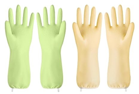 Vyloky Spülhandschuhe Extra Lang (2 Paar) - Wasserdicht & Rutschfest mit Griffnoppen, Hitzeschutz für Küche, Putzen, Gartenarbeit (GR-YL,L)