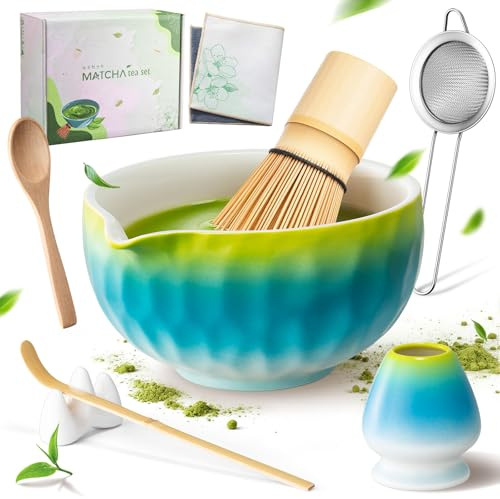 URBZUE Matcha Set 8-Teilig – Japanisches Matcha Tee Set mit Bambus Matcha Whisk, Matcha Schale mit Ausgießer, Sieb, Besenhalter, Löffel & Halter, Geschenk für Matcha-Liebhaber, Blau-Grün Farbverlauf