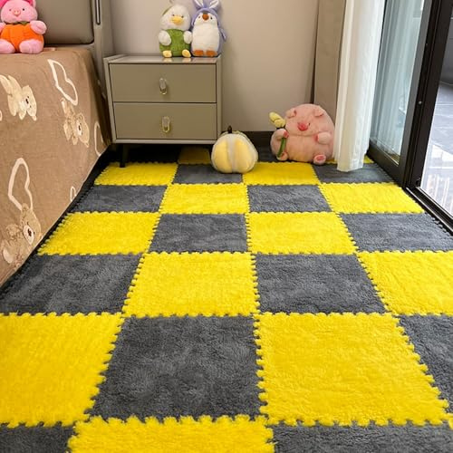 Xiyocadt 10 Stück Puzzleteppich Flauschig, 30x30 cm Puzzle Teppich Matte, Anti-Rutsch Schaumstoff-Bodenmatten für Schlafzimmer, Wohnzimmer (Grau+Gelb,30x30x0.6 cm)