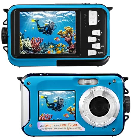 Fotocamera Digitale Impermeabile,Couleeur Macchina Fotografica Subacquea Full HD 2.7K 48MP Doppio Schermo Anti-Shake con Microfono LED Autoscatto e Zoom Digitale 16X per Bambini Adolescenti(Blu)