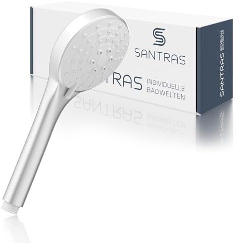 SANTRAS® Handbrause mit dreifach verstellbaren Duschkopf mit Wassersparer in Velourchrom – Brause mit wassersparendem Brausekopf und Durchflussbegrenzer in 3 Strahlarten für Dusche und Badewanne