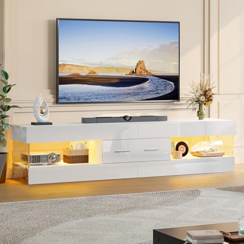 Bestier TV-Schrank für Fernseher bis 75 Zoll, Hochglanz-TV-Möbel mit Seitenwänden in Steinoptik, LED-Entertainment-Center mit großer Schublade, TV-Konsole für Wohnzimmer und Schlafzimmer (weiß)