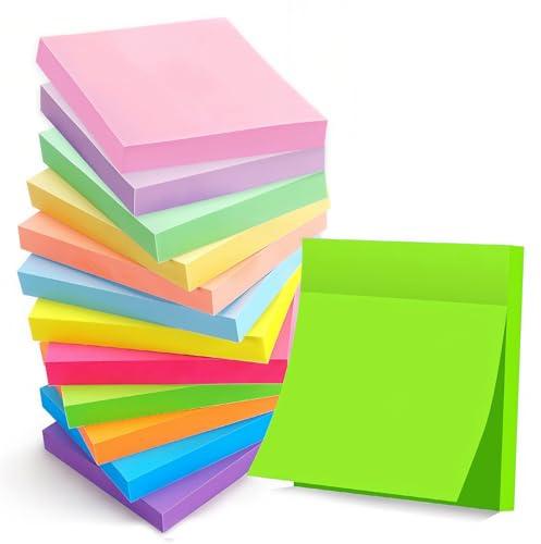 12 Blöcke Sticky Notes 76 x 76 mm, Farbige Haftnotizen, Haftnotizen, Extra-stark klebende Notizzettel 100 Blatt Pro Block Insgesamt 1200 Blatt für Notizen Erinnerung Checkliste oder To-Do-Liste