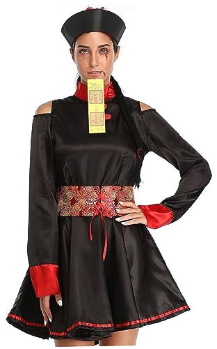 Licsaliwe Costume de Zombie Chinois pour Femme, Tenue Vintage de la Dynastie Rouge et Noire avec Chapeau pour Halloween Cosplay/XL